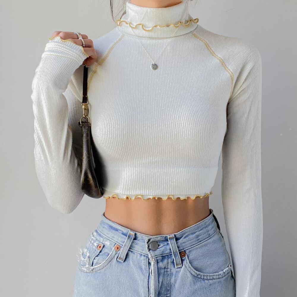 Urban Outfitters Trina Seamed Turtleneck Crop Top Cozy Coquette Y2K Long Sleeve